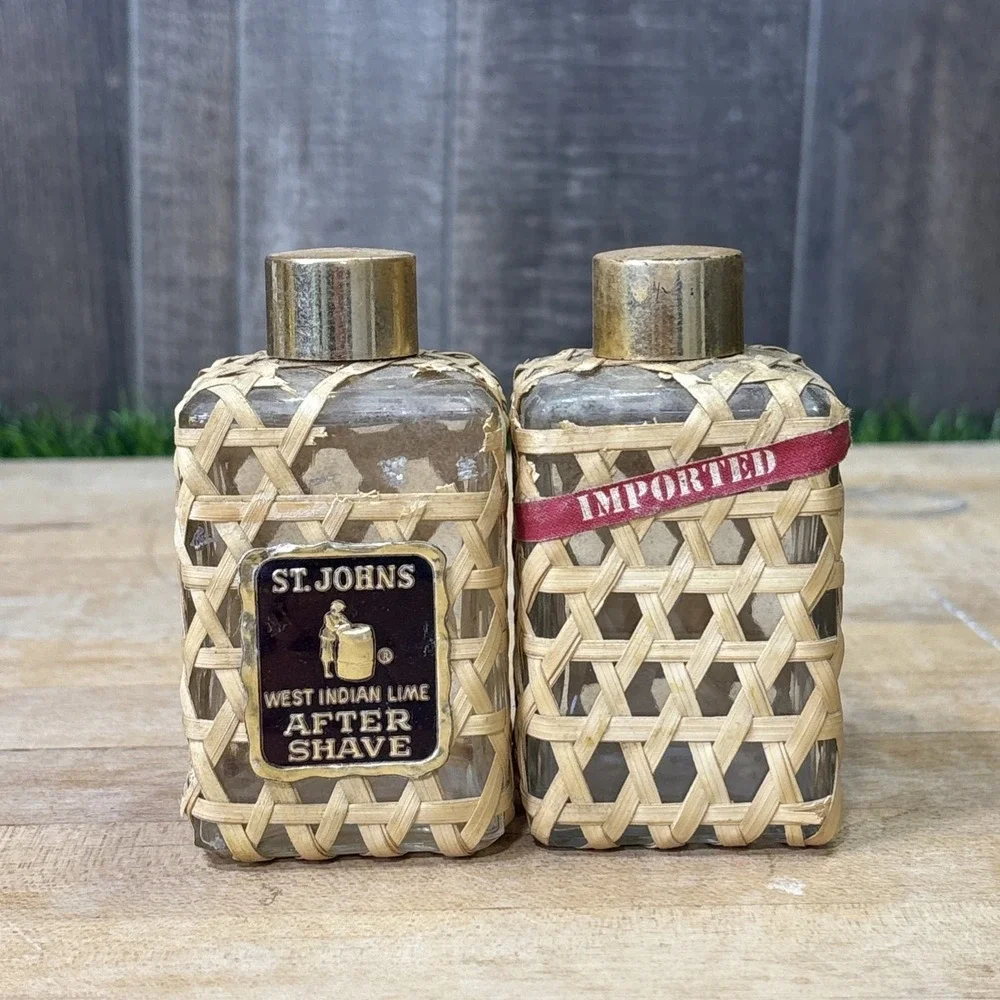 Vintage St. Johns West Indian Lime After Shave Empty Wicker Bottles Lot of 2